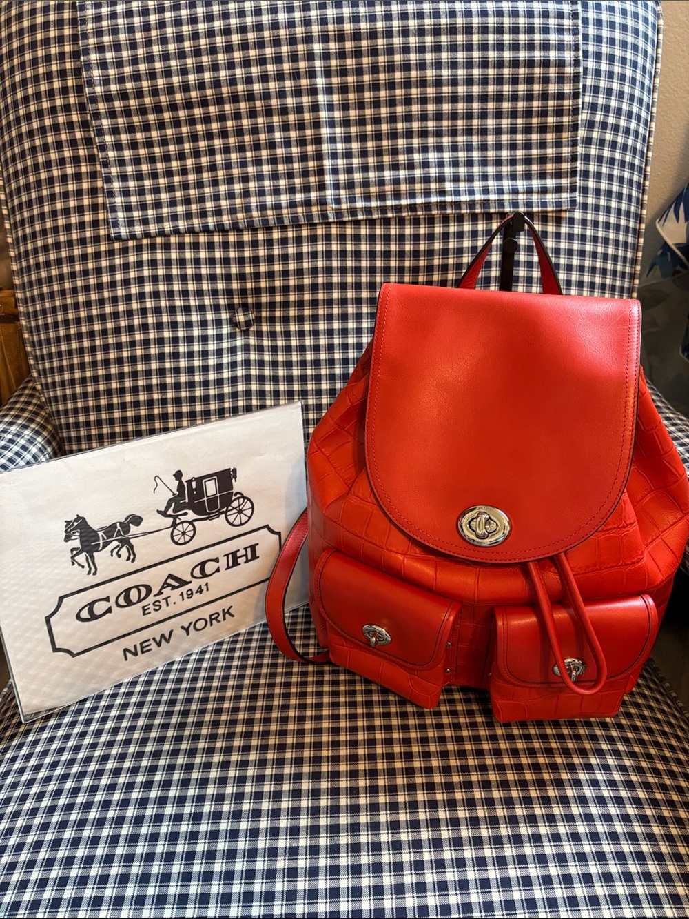 Coach Red Leather turnlock rucksack with Front Pockets